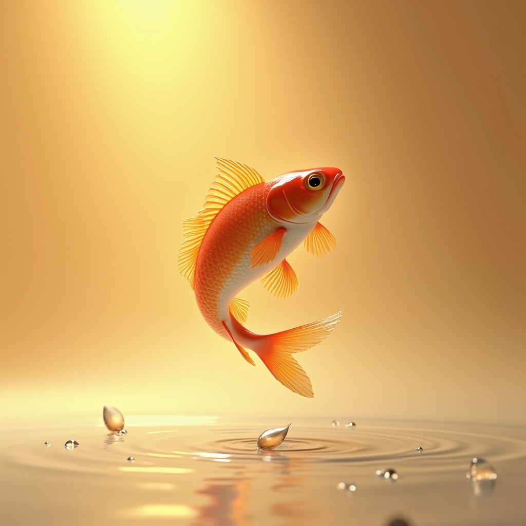 A vibrant goldfish gracefully leaps above a rippling pond, with warm golden light illuminating its scales and the water droplets.