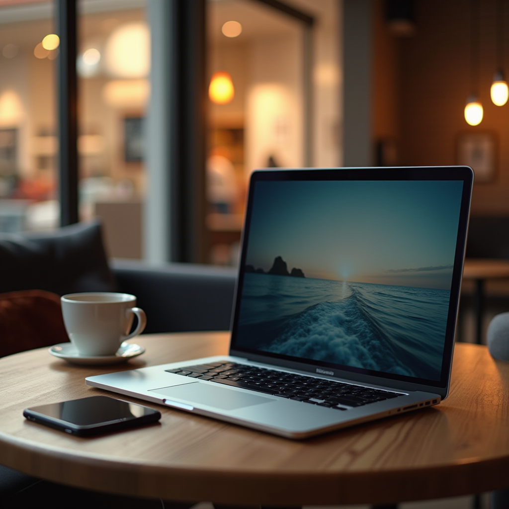 A cozy café setting featuring a laptop with a serene ocean sunset wallpaper, next to a cup of coffee and a smartphone.