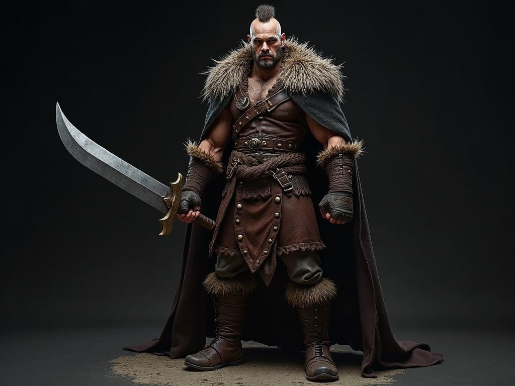 This image depicts a fantasy character inspired by Scandinavian folklore. He is portrayed as an agile and strong figure, dressed in rugged leather armor and wielding an impressive sword. His expression is dark and grim, reflecting a fierce warrior persona. The background is intentionally dark to draw focus on his commanding presence, enhancing the dramatic effect. Overall, the character embodies the essence of a mythical warrior, ready for battle.