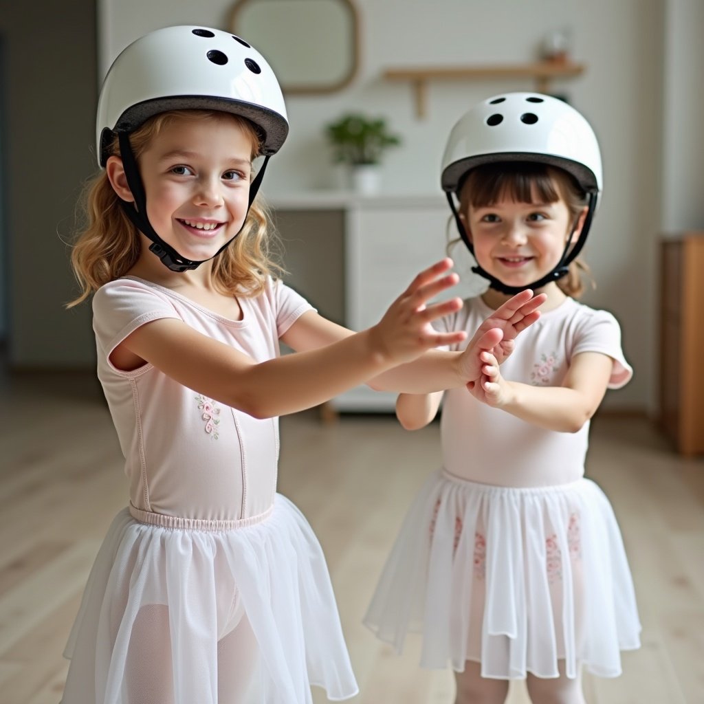 Two smiling young girls wearing helmets and ballet dresses, standing indoors, ready for ballet practice or play, in soft lighting.