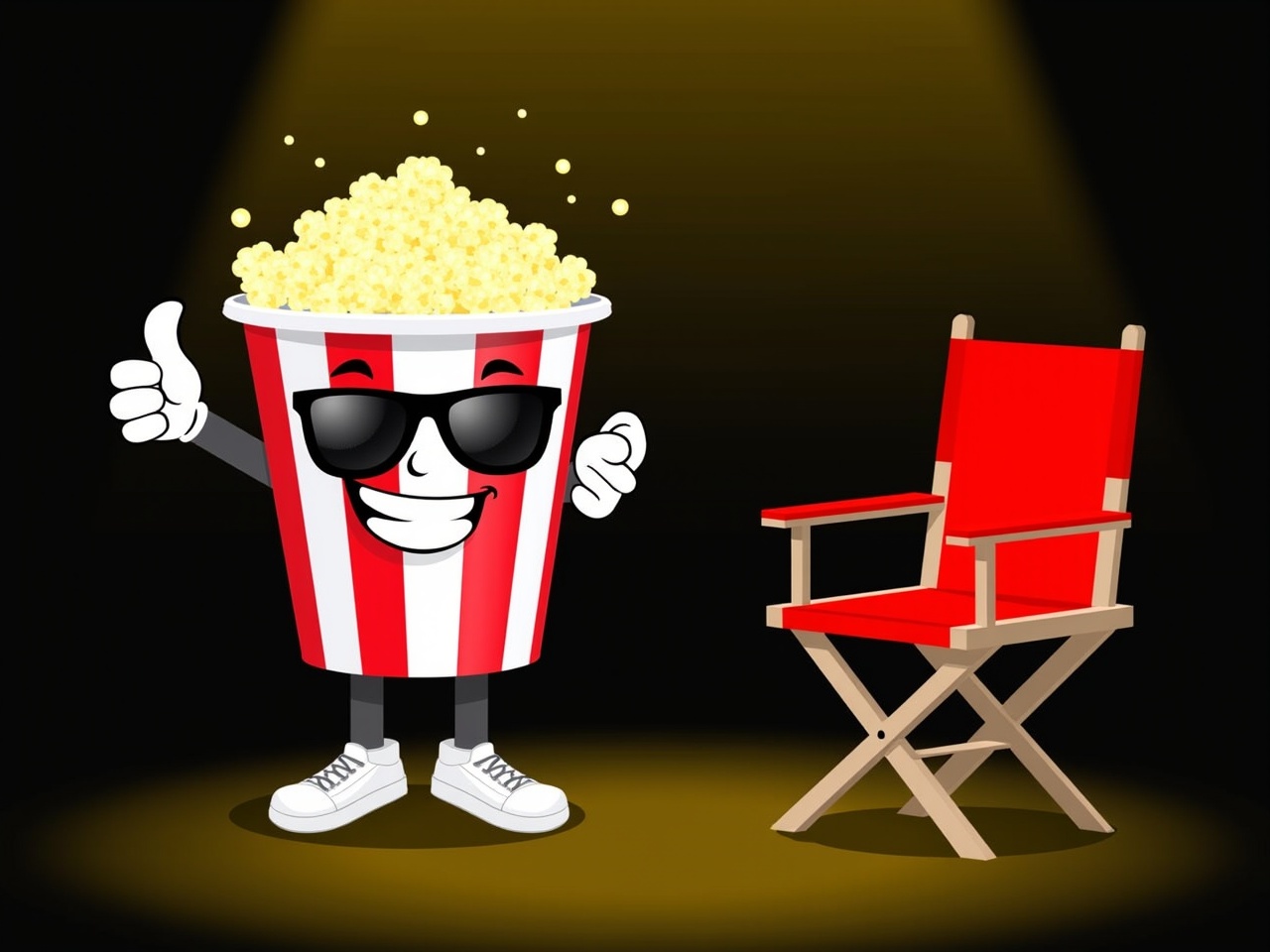 The image features a cartoon character that resembles a popcorn bucket, complete with a striped design and a crown of popcorn on top. The character has arms and legs, wearing sunglasses, with one hand giving a thumbs up. Next to the popcorn character, there is a red movie director's chair, indicating a film theme. The background has a gradient from black to gold, enhancing the lively and fun atmosphere. This playful depiction connects to cinema, suggesting a joyful experience related to watching movies.