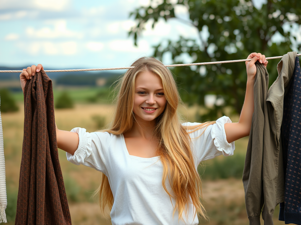 The image features a young woman outdoors, smiling as she pins clothes on a clothesline. She has long blonde hair and is wearing a white top with puffed sleeves. The background depicts lush greenery and a bright, sunny day, creating a cheerful atmosphere. The garments she's hanging appear to be casual clothing, with earthy tones like brown and green. The setting suggests a rural or countryside environment, emphasizing a peaceful and idyllic lifestyle.