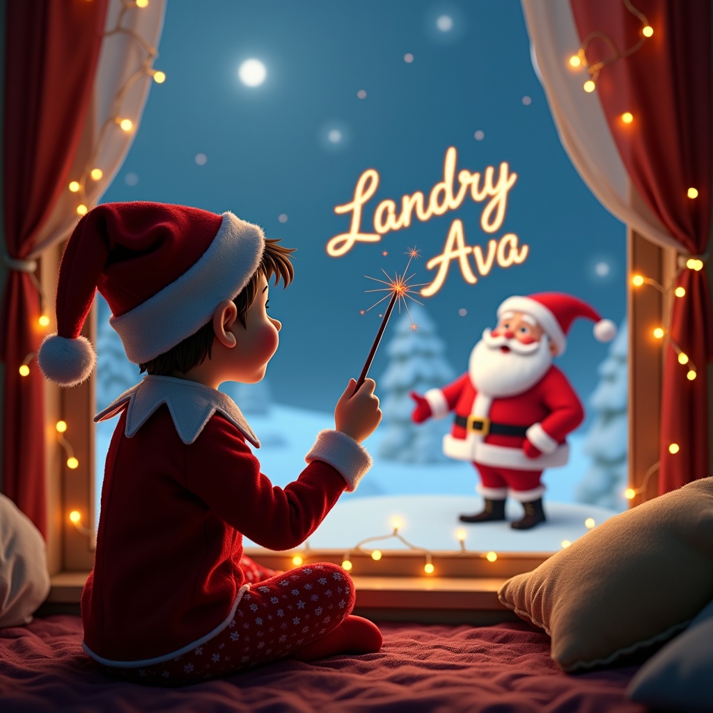 In a cozy room during Christmas, an elf sits with his back to the viewer, gazing outside at a magical scene. He holds a wand, skillfully tracing the names 'Landry' and 'Ava'. In the background, Santa Claus appears joyfully, creating a heartwarming holiday atmosphere. The window frame is adorned with twinkling lights, enhancing the enchanting feel of the scene. This delightful image captures the wonder of the holiday season and the joy of personalized magic.