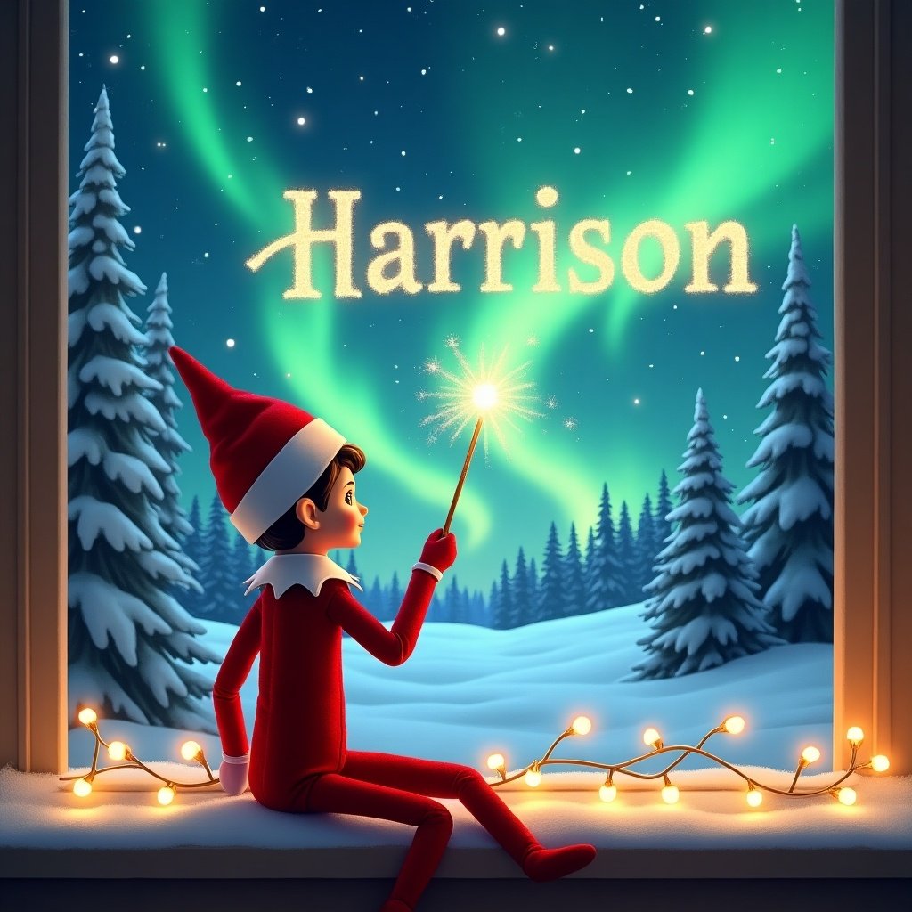 The artwork features an elf on the shelf positioned with its back to the viewer. This elf is clad in a red and white outfit, wearing a classic elf hat. It holds a wand, pointing it toward the sky to write a child's name in magical letters. The background displays a breathtaking winter landscape with snow-covered trees and an enchanting display of northern lights in various shades of green and blue. The scene is further enhanced by the warm glow of twinkling lights in the foreground, reminiscent of Christmas festivities.