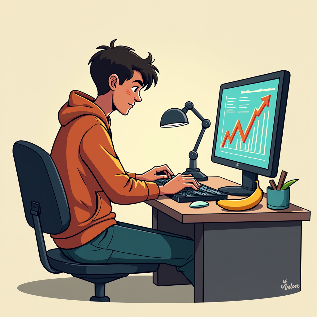 A young person in an orange hoodie works at a desk with a computer showing a rising graph.