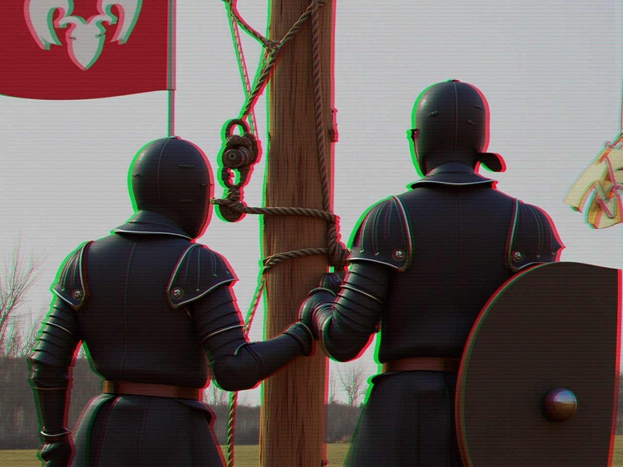 The image depicts two medieval knights standing next to a wooden structure. They are wearing dark armor and holding shields, with one holding a rope that is tied to a pulley system. The background features a tall, rough-textured pole, suggesting a scaffold or some form of construction. The scene is somewhat distorted with colorful horizontal lines, giving it a glitchy appearance. Flags with various symbols are visible, fluttering in the air, contributing to the medieval atmosphere. The overall setting looks historical, possibly indicating a moment of preparation for an event.