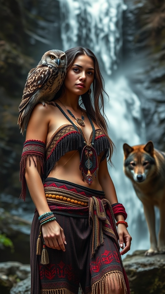 A woman stands with an owl perched on her shoulder and a wolf nearby, set against a waterfall backdrop.