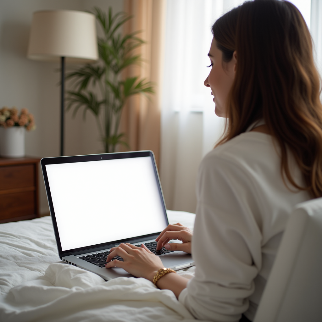 A person sitting on a bed working on a laptop in a softly lit room with a houseplant and a window.