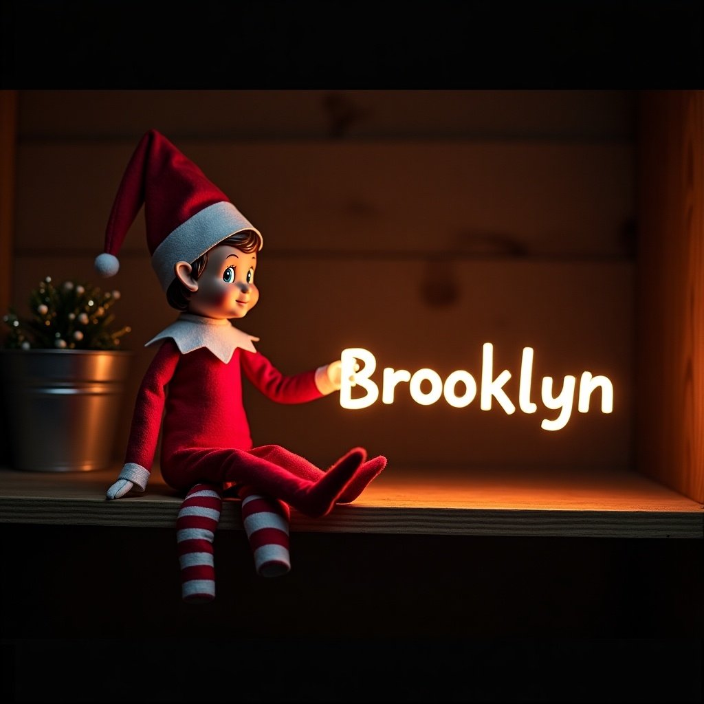 This image features an elf on the shelf character, dressed in traditional red and white attire. The elf is holding a glow stick that forms the name 'Brooklyn' in bright, soft light. The background is dark, which enhances the glowing effect of the text. It creates a warm, festive atmosphere, embodying the joy of the holiday season. The scene evokes feelings of magic and cheer associated with Christmas celebrations.