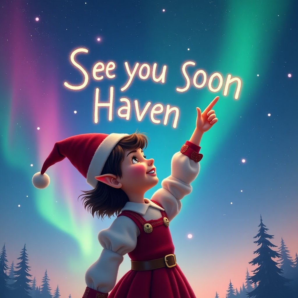 A joyful elf girl with short hair is pointing upwards, playfully writing the words 'See you soon Haven' in a vibrant night sky. The sky is illuminated with beautiful northern lights in shades of pink, blue, green, and purple. The elf is wearing a traditional red outfit with a Santa hat, embodying the festive spirit. Her expression is full of wonder as she interacts with the magical environment. Tall evergreen trees frame the scene, adding to the enchanting winter atmosphere.