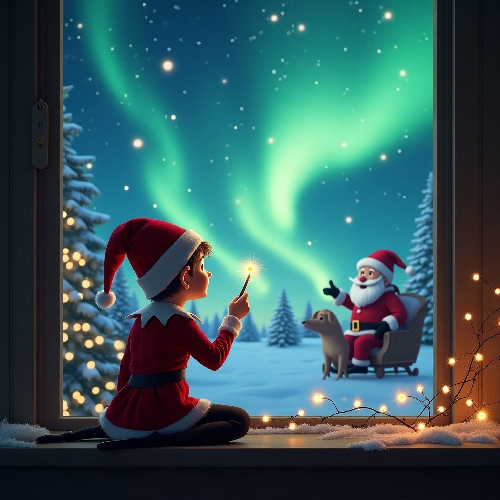 The image features an elf on the shelf, sitting with its back to the viewer, gazing out of a window into a magical Christmas scene. The elf holds a wand and is conjuring the names 'Gabriella' and 'Leighton' into the night sky. Outside, the enchanting northern lights swirl above a snowy landscape where Santa Claus sits in a chair with a dog near him. The room is warm and cozy, decorated with Christmas lights, creating a festive atmosphere. It's a whimsical Christmas moment filled with joy and wonder.