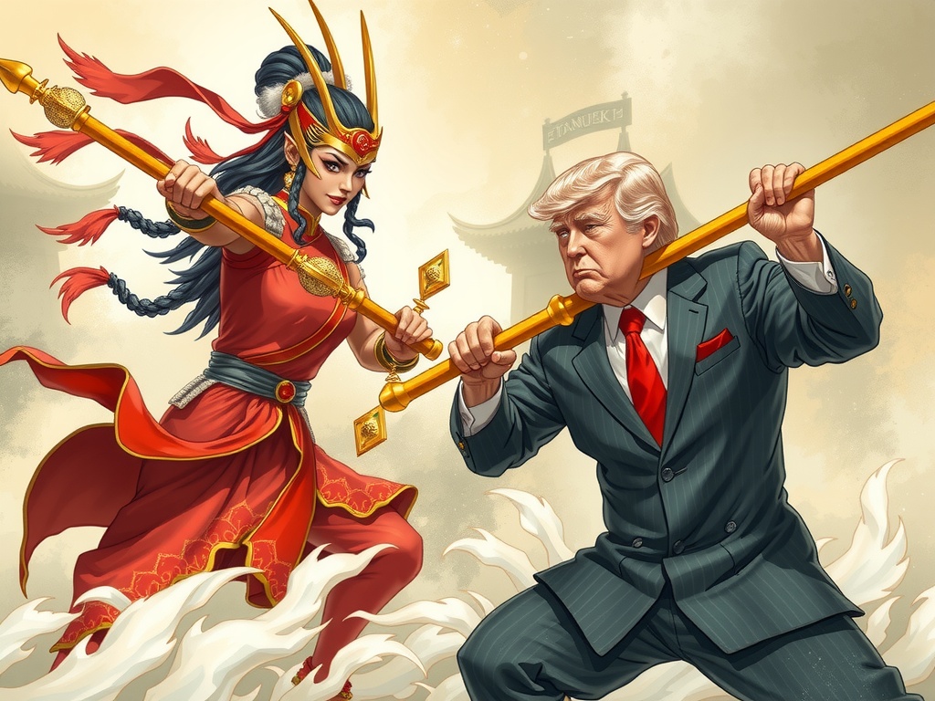 A fantasy illustration depicting two individuals in a dynamic martial arts confrontation, each wielding ornate staffs.