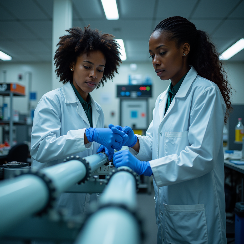 Two scientists in lab coats work together on a piece of equipment in a laboratory.