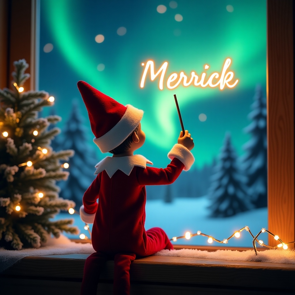 An enchanting Christmas scene featuring an elf on the shelf, who faces the vibrant northern lights. The elf is dressed in a classic red and white outfit and wields a magic wand. As he writes 'Merrick' in luminous letters above him, the magical ambiance fills the space. The backdrop of northern lights creates a festive atmosphere, emphasizing the joy of the season. Soft, warm lights twinkle around the scene, further enhancing the holiday spirit. This composition captures the wonder and excitement that comes with Christmas, perfect for evoking magical feelings during the holidays.