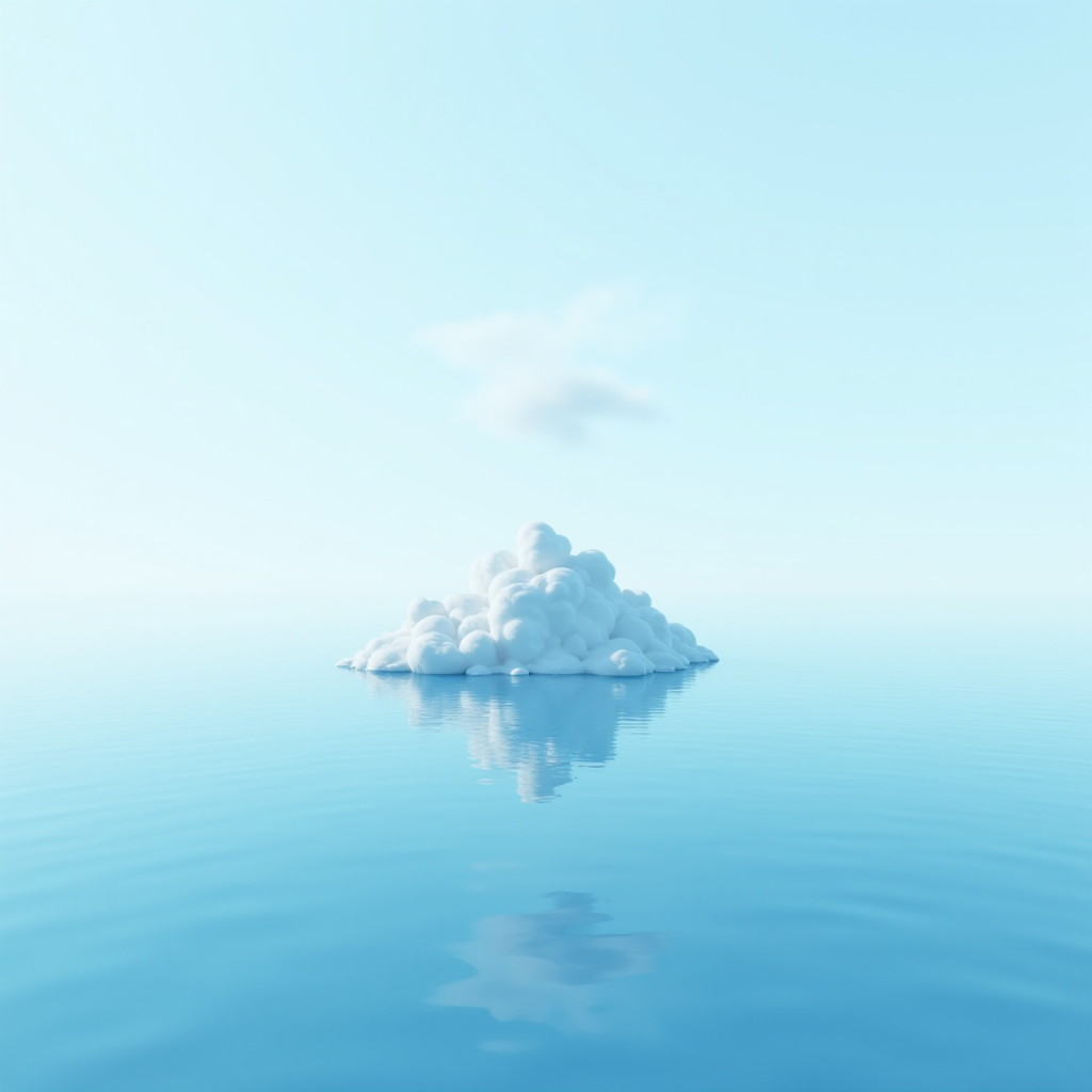 A fluffy cloud resembling an island floats serenely on calm, blue water.