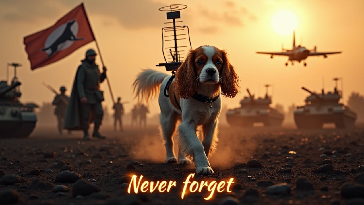 In a dramatic and awe-inspiring scene, a fluffy brown and white cavalier king charles spaniel walks across a dark, desolate battlefield. There is a radar antenna strapped to its back. Nearby, a figure wearing a cloak stands valiantly holding a flag with a dog emblem. In the background are a multitude of small soldiers holding rifles as well as tanks, barely visible among the shadows. The sky is lit by the bright radiance of the sun. A jet fighter passes overhead. At the bottom, we see the text 'Never forget' boldly displayed, in fiery writing.