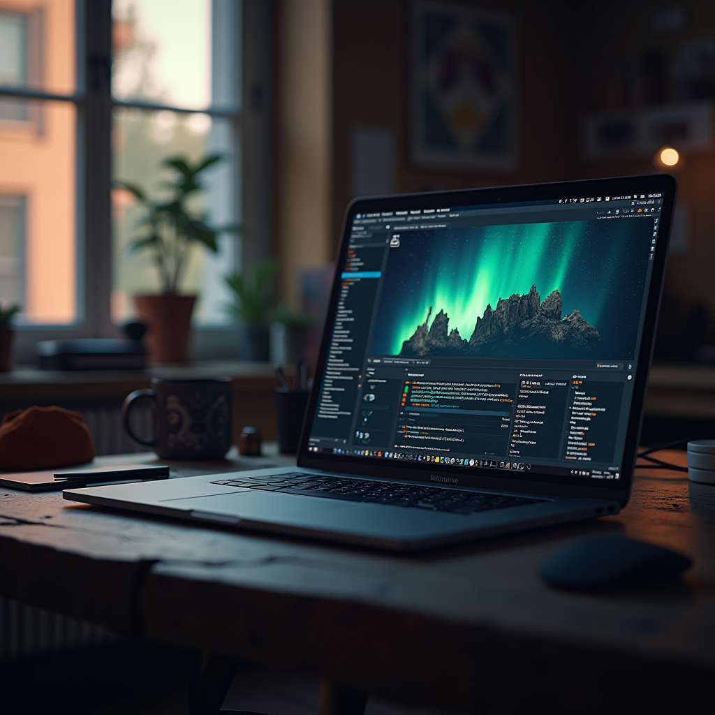 A cozy office with a laptop showing the aurora borealis, surrounded by plants and warm lighting.