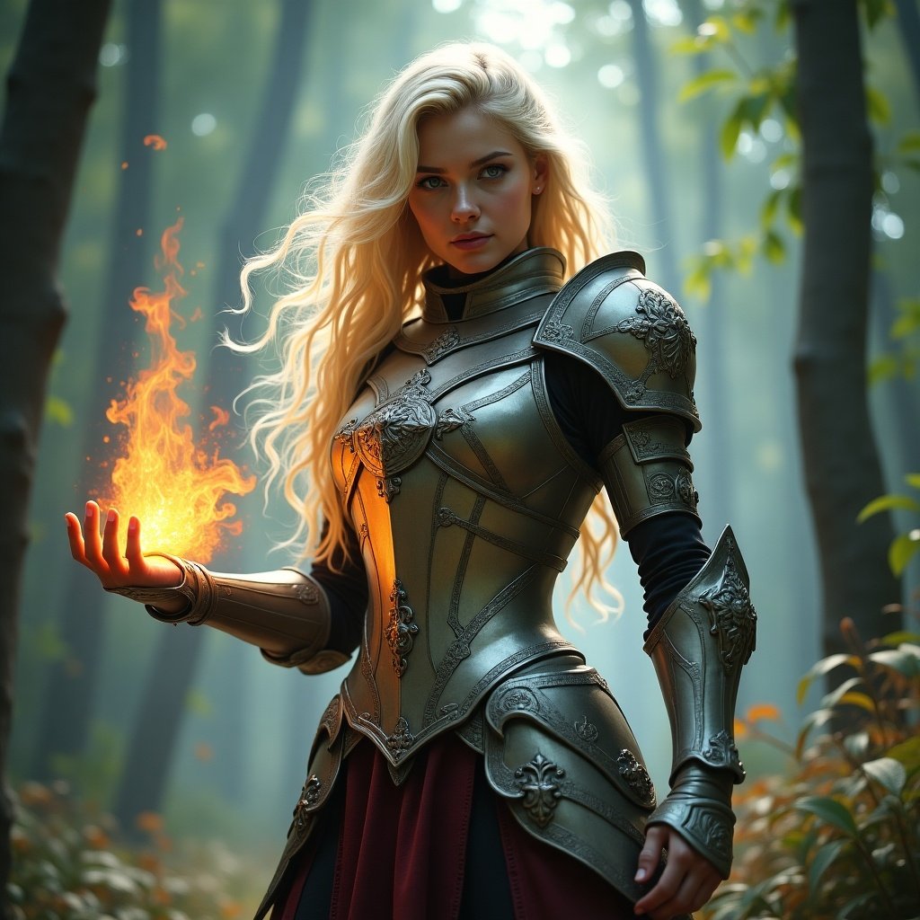 A young blonde woman, embodying the archetype of a warrior, stands poised in an enchanted forest. Clad in intricately designed armor that reflects a magical quality, she holds her hand out as a swirling flame dances above it. Her long, flowing hair cascades over her shoulders, contrasting with the metallic sheen of her armor. The forest around her is alive, with soft light filtering through the trees, casting ethereal shadows. This scene combines elements of fantasy and power, showcasing her telekinetic abilities in a captivating manner.