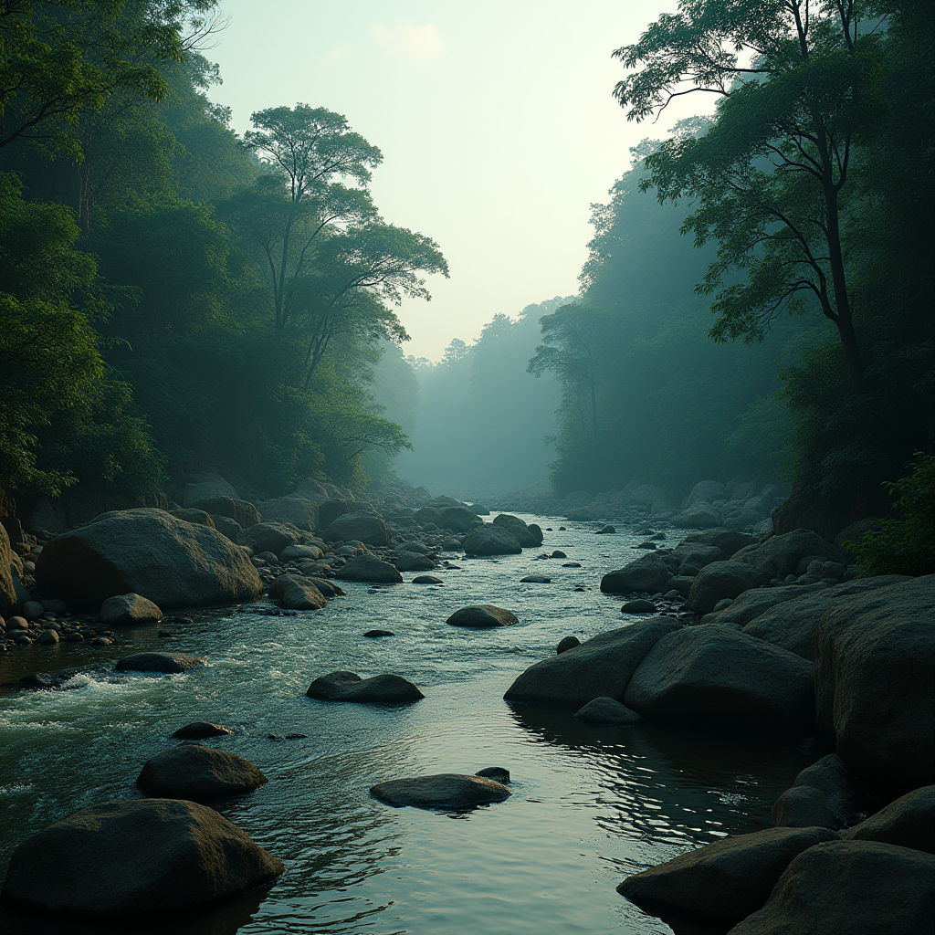 A serene river flows through a dense, misty forest, surrounded by rocks and lush foliage.