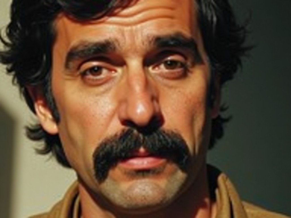 The image shows a close-up of a man's face with a thick mustache and dark hair. His expression appears neutral as he looks into the camera. The background is not visible, suggesting the image may have been cropped. The lighting casts soft shadows on his face, giving a warm tone. The photograph has a slightly vintage or grainy quality, indicating it may have been taken some time ago.