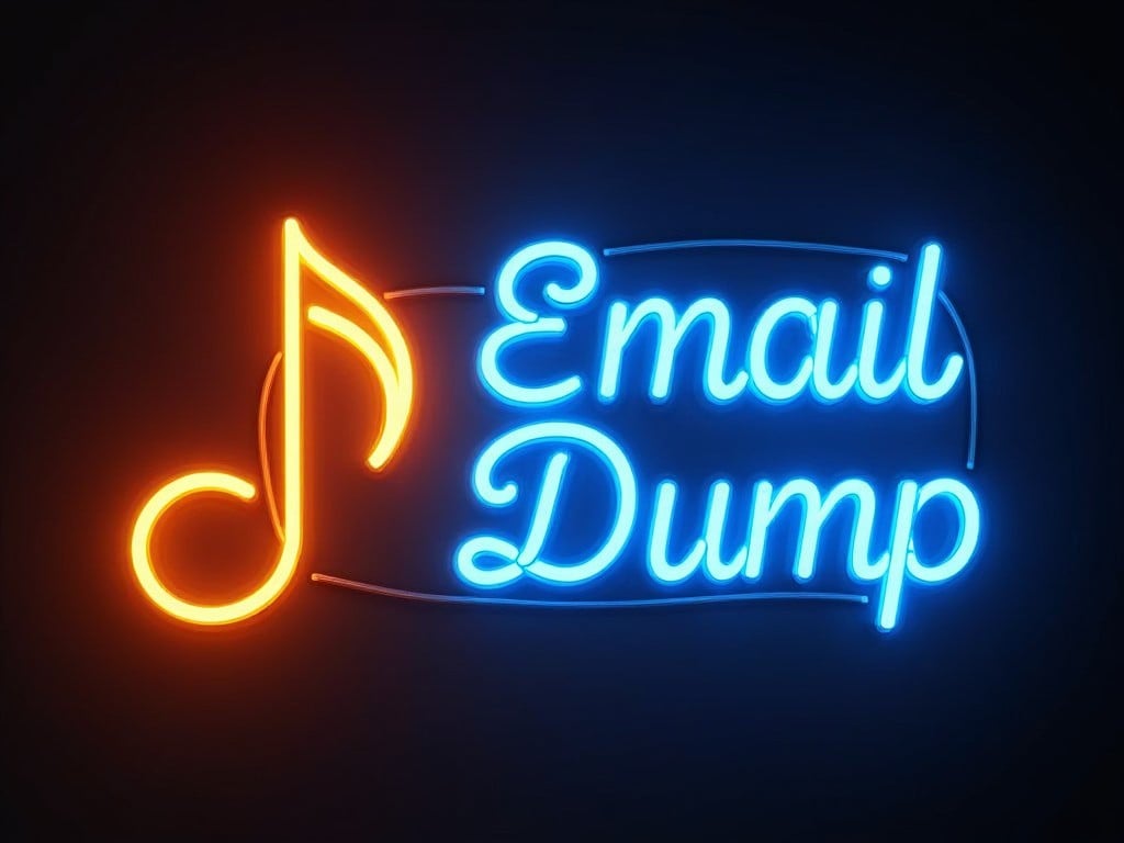 This image features a neon sign that reads 'Email Dump'. It incorporates a stylized musical note, enhancing its artistic appeal. The design uses bright blue and orange colors, creating a striking contrast. Neon signs like this are commonly found in music venues and entertainment spaces. The overall effect is dynamic and inviting, perfect for engaging a lively crowd.