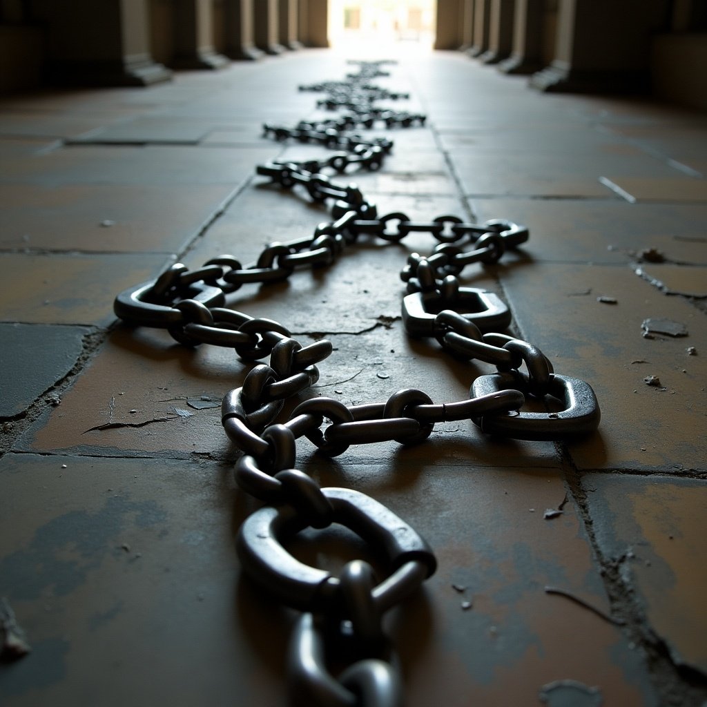 The image depicts broken chains laid across a tiled floor, symbolizing freedom from imprisonment. The chains are heavy and metallic, suggesting a powerful weight that has been overcome. Soft light filters through an archway in the background, illuminating the scene and leading the viewer’s eye toward the exit. The perspective is low, enhancing the dramatic effect of the chains that seem to stretch endlessly. This imagery evokes feelings of liberation and the end of confinement.