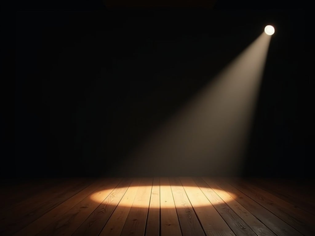 The image depicts a stage setting with a wooden floor and a dramatic spotlight shining from the front right. The light creates a circular illuminated area, contrasting against the dark background. This scene evokes a sense of anticipation and focus, perfect for a performance. The spotlight draws attention to the specific section of the stage, suggesting it might be the focal point for an upcoming act. The overall atmosphere is theatrical and engaging, ideal for settings like theaters or presentations.