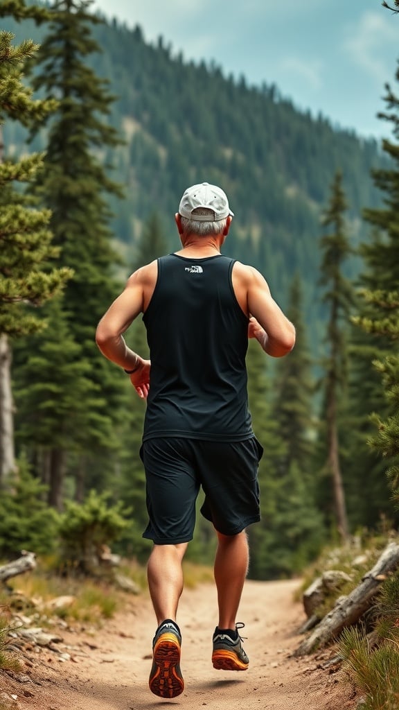 A person jogging on a forest trail, wearing sportswear, surrounded by tall pine trees with a mountainous backdrop, emphasizing an active lifestyle in nature.