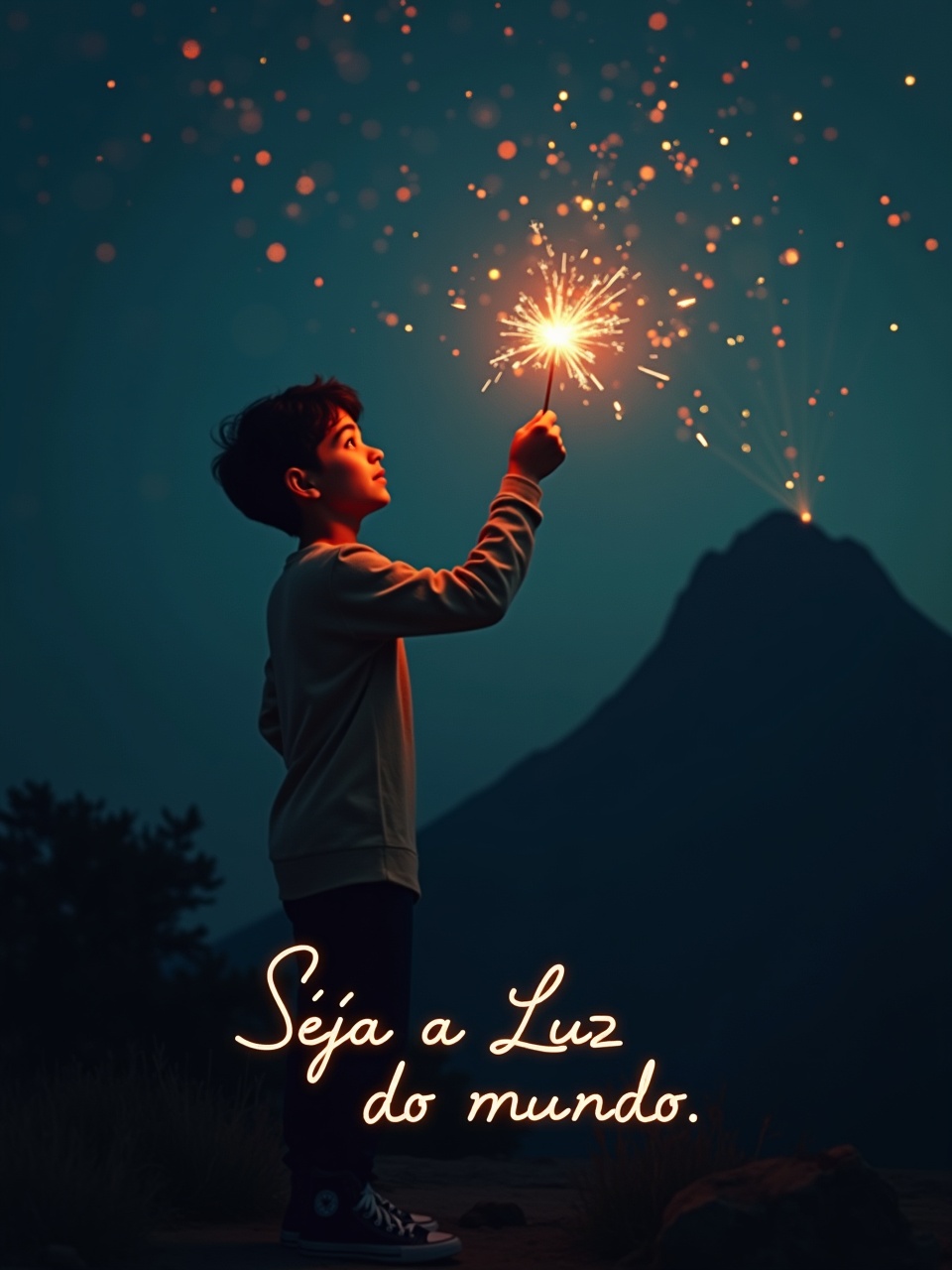 A young boy holding a sparkling light against a mountainous background with the phrase 'Séja a Luz do mundo.'