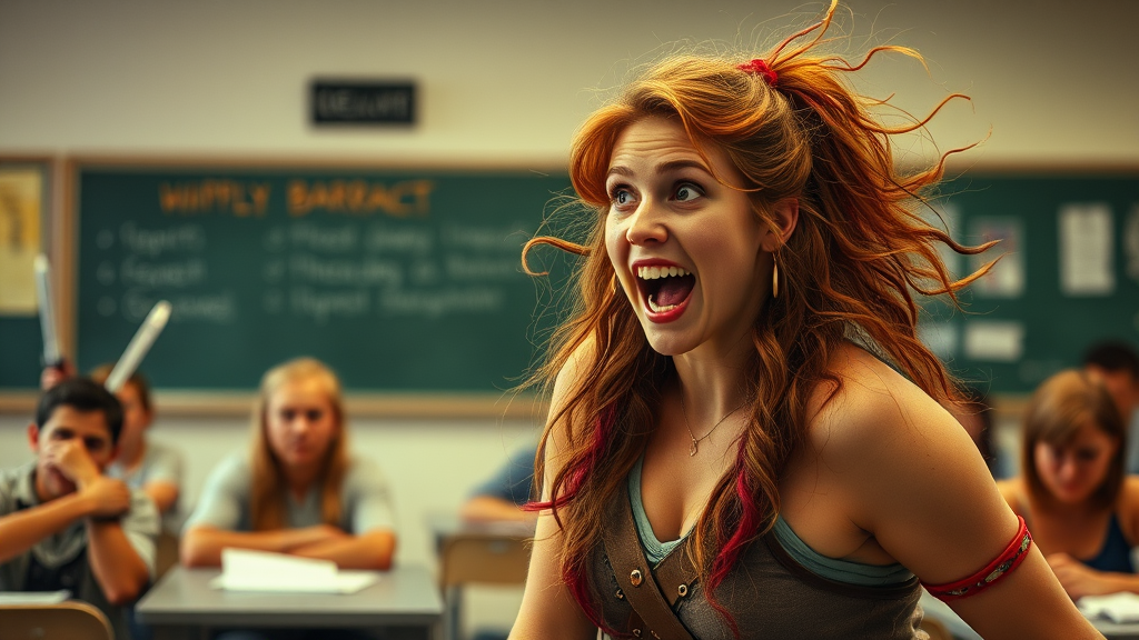 The image features a lively scene inside a classroom. In the foreground, a young woman with long, wild, red hair and a few pink strands is expressing an intense emotion, her mouth wide open in excitement or surprise. She's wearing a casual top and exudes a sense of enthusiasm or perhaps disbelief. Behind her, a classroom full of students sits at their desks. Some appear focused while others look distracted. A chalkboard is visible in the background with messages written on it, enhancing the academic setting. The atmosphere is dynamic and energetic, capturing a particularly vivid moment.