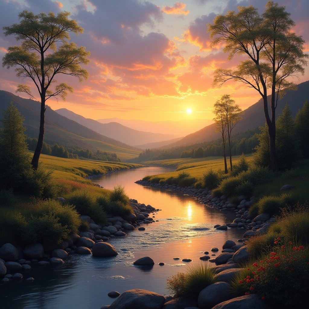 This image is a breathtaking landscape depicting a serene river flowing through lush green fields under a vibrant sunset. Towering trees frame the scene, adding depth and natural beauty. The colors are rich and balanced, showcasing the deep oranges and soft blues of twilight. The sunlight dances on the water, creating reflections that enhance the tranquil mood. Mountains in the background provide a majestic backdrop, completing this picturesque setting.