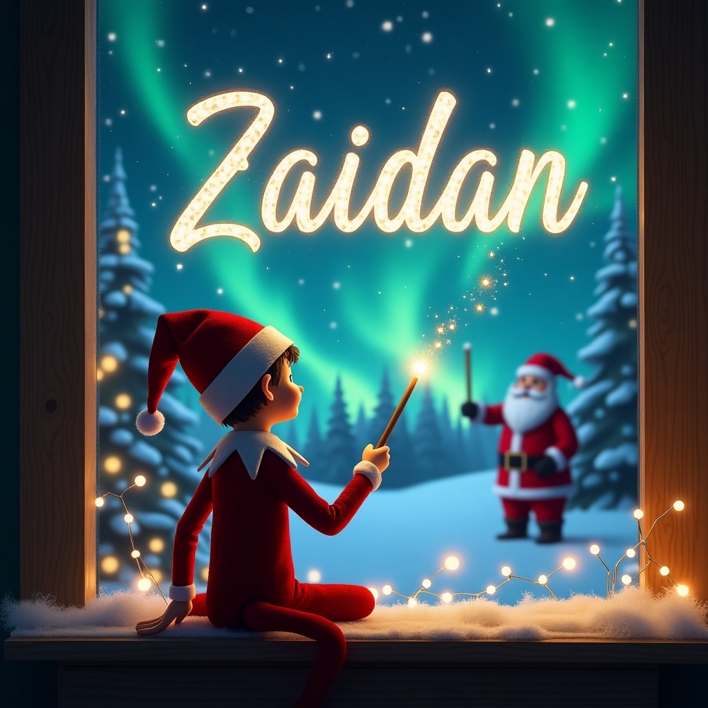 The image features an adorable elf on the shelf with his back facing the viewer. He is looking up at the night sky, using a magic wand to elegantly write the name 'Zaidan' in sparkling letters. The background is a magical Christmas scene, filled with shimmering northern lights. In the distance, Santa Claus is present, adding to the festive atmosphere. Soft, glowing Christmas lights surround the elf, creating a cozy ambiance. This whimsical illustration captures the joy and wonder of the holiday season.