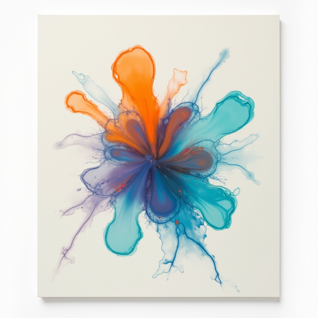 This abstract artwork features a vibrant explosion of colors, primarily in shades of orange, blue, and purple. The composition resembles a floral pattern, with organic shapes radiating outward from a central point. The colors appear to blend and interact, creating a dynamic sense of movement. The background is a neutral white, allowing the vivid colors to stand out prominently. The use of fluid brushstrokes and diffused edges gives the impression of motion and energy, making the piece feel lively and vibrant.