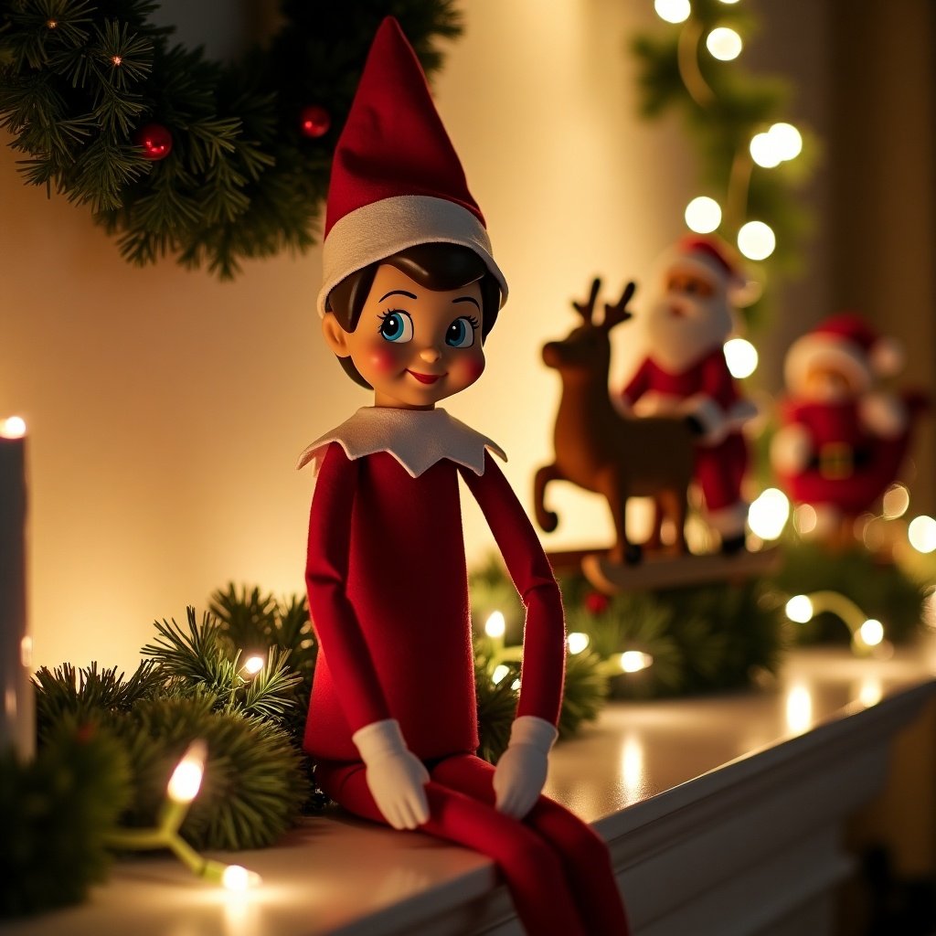 The image features a cheerful elf on the shelf named Harvey, sitting on a mantel. Dressed in a classic red outfit with a white collar and hat, the elf has a friendly smile that captures the magic of the holiday season. Surrounding Harvey are festive decorations, including a wreath and Christmas lights that create a warm ambiance. The background is softly illuminated with glowing lights, enhancing the cozy holiday feel. Santa Claus can be seen in his sleigh, adding to the festive atmosphere, completing the magical Christmas scene.