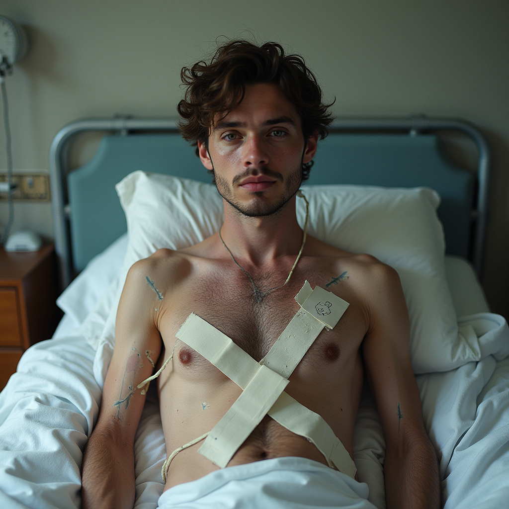 A man in a hospital bed with bandages on his chest and IV tubing attached.