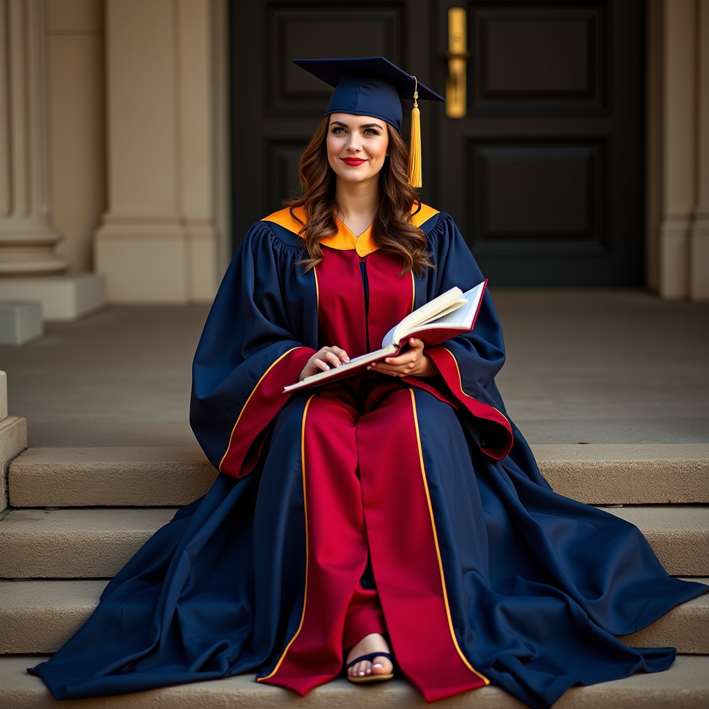 A woman in graduation robes sitting on steps with an open book, celebrating her achievement.