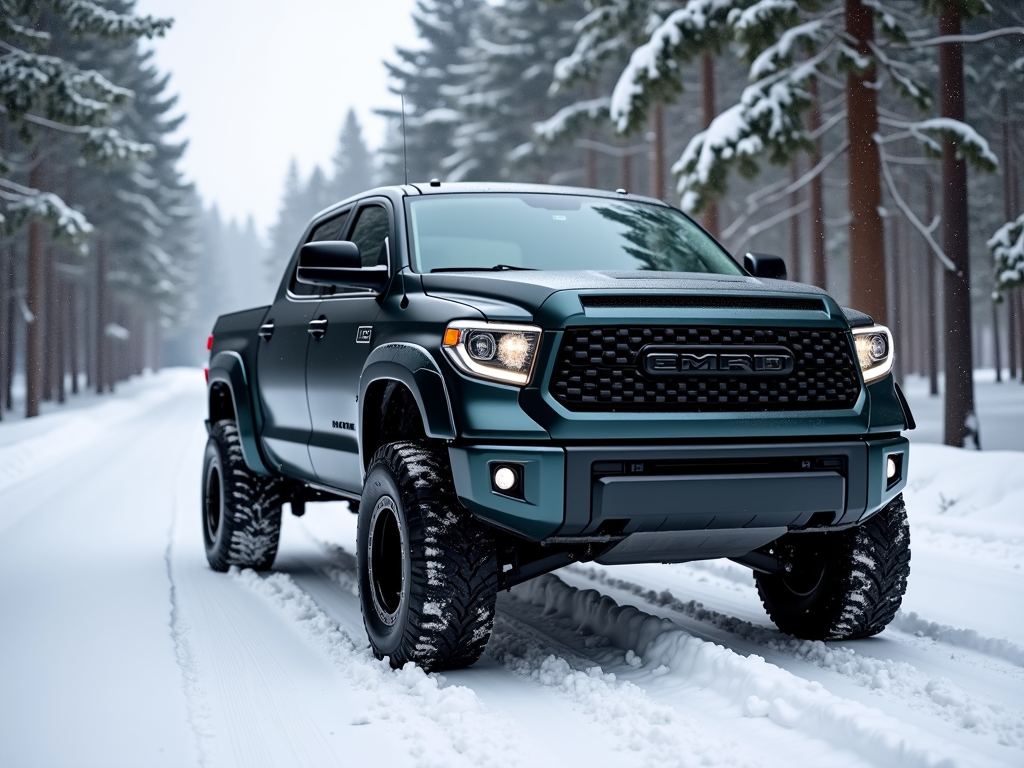 A rugged pickup truck with large tires drives through a snowy forest.