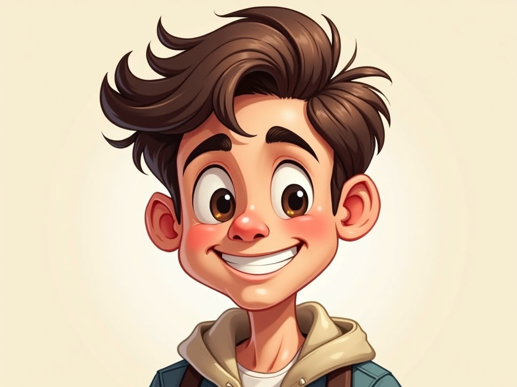 This image depicts a cartoon-style caricature of a college student. The character is smiling widely, showcasing a playful and cheerful expression. His hair is wavy and styled, adding to the dynamic look. Dressed in a casual jacket with a cozy collar, he embodies a relaxed style. The background is soft and light, enhancing the fun vibe of the illustration. Overall, the character evokes a sense of humor and positivity, making the artwork engaging and lively.