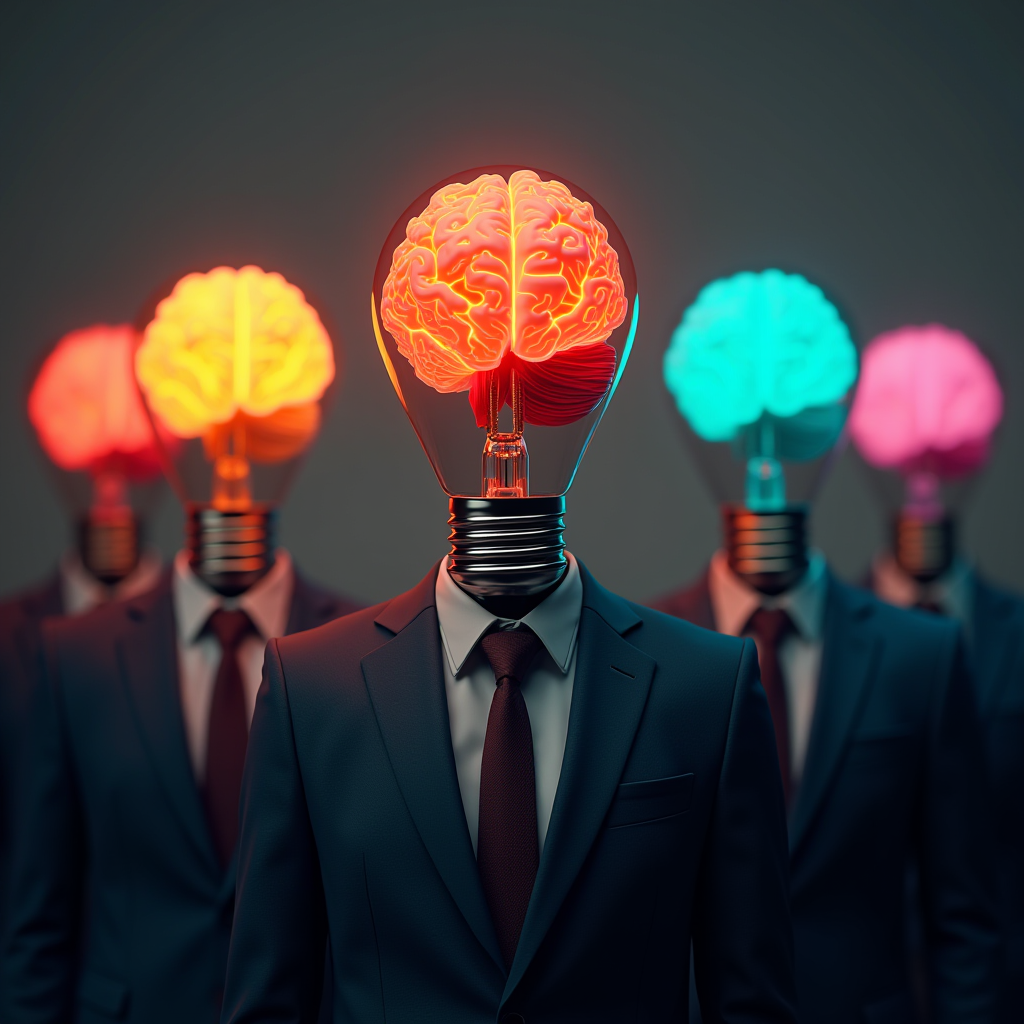 Four suited figures with lightbulbs containing glowing colored brains as heads, symbolizing creativity and intellect.