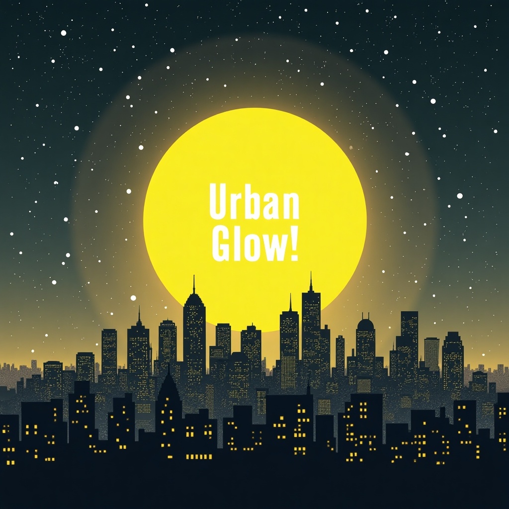 This image showcases a vibrant city skyline illuminated by a bright yellow sun, symbolizing light pollution. The text 'Urban Glow!' stands out prominently against the background. The skyline is dark and silhouetted while the background features faint stars against a deep blue sky. Bright yellows and whites dominate the color scheme, emphasizing artificial lighting. The overall theme communicates the overpowering nature of city lights at night.