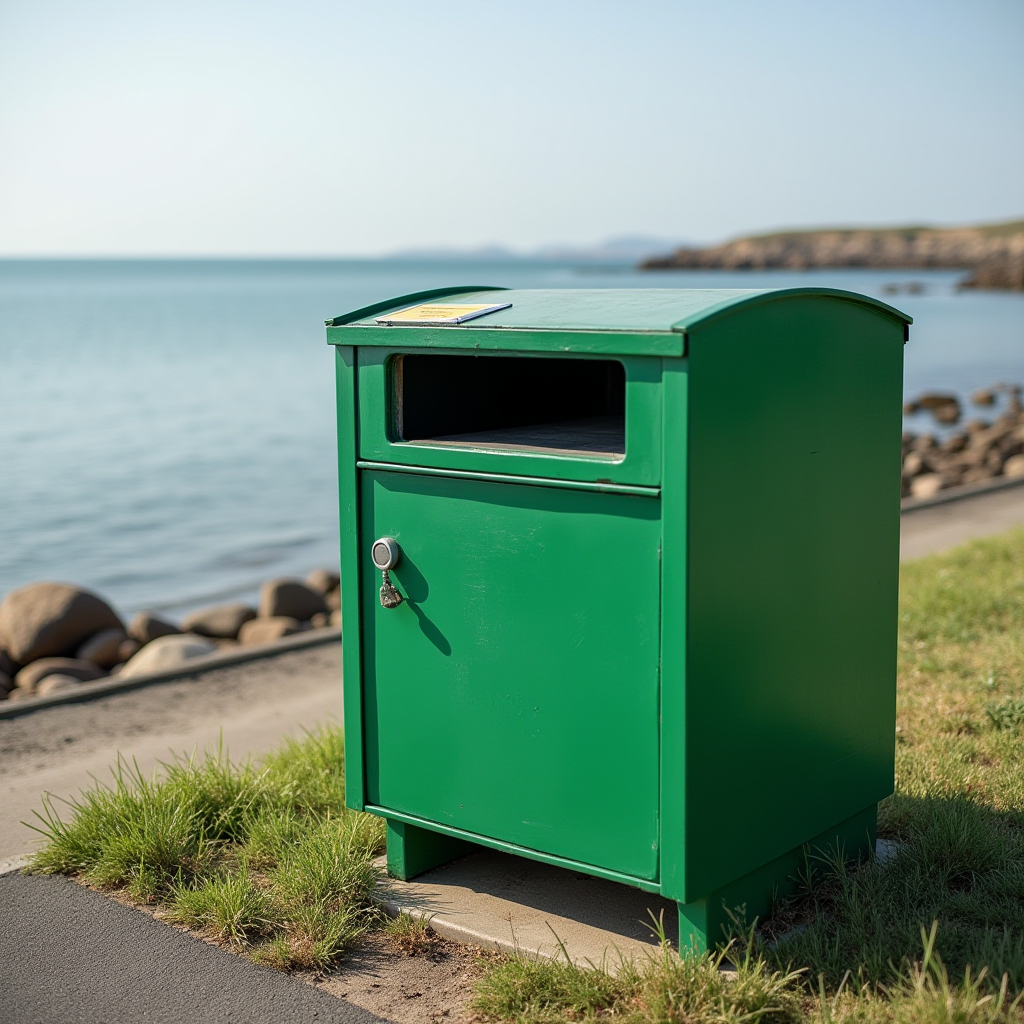 A green trash bin standing on the shore with a calm sea in the background.