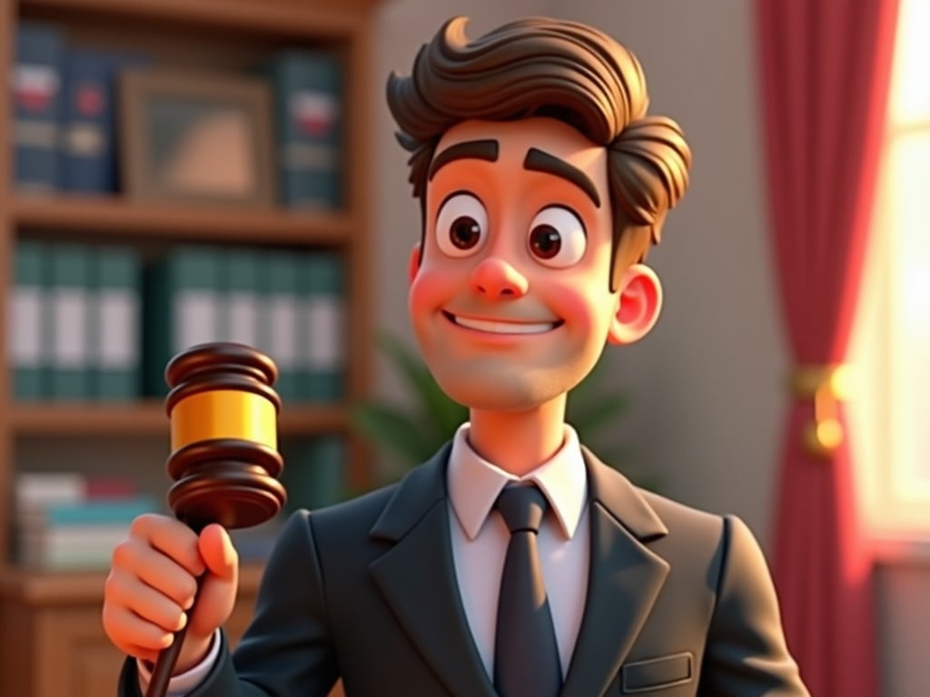 This image showcases a cartoon character, a young man in his 30s, who serves as a lawyer. He is holding a gavel and sporting a cheerful smile. The character is illustrated in a Pixar-like style, featuring a blend of realism and animation. The scene is lighthearted and engaging, perfect for capturing the viewer's attention. The warm lighting and friendly expression make it inviting, appealing to audiences interested in legal themes. Overall, the character embodies professionalism with a playful twist.