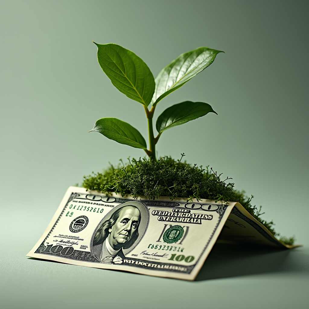 A $100 bill is used as a base for a small patch of lush green moss from which a young plant with vibrant leaves grows.