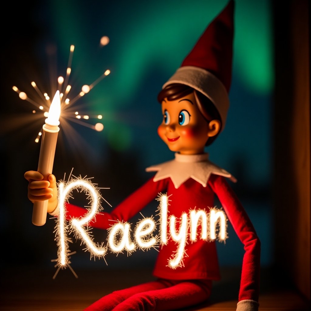 This image features an elf on the shelf character, dressed in traditional red and white attire. The elf is holding a glow stick that forms the name 'Raelynn' in bright, soft light. The background is dark, which enhances the glowing effect of the text. It creates a warm, festive atmosphere, embodying the joy of the holiday season. The scene evokes feelings of magic and cheer associated with Christmas celebrations.