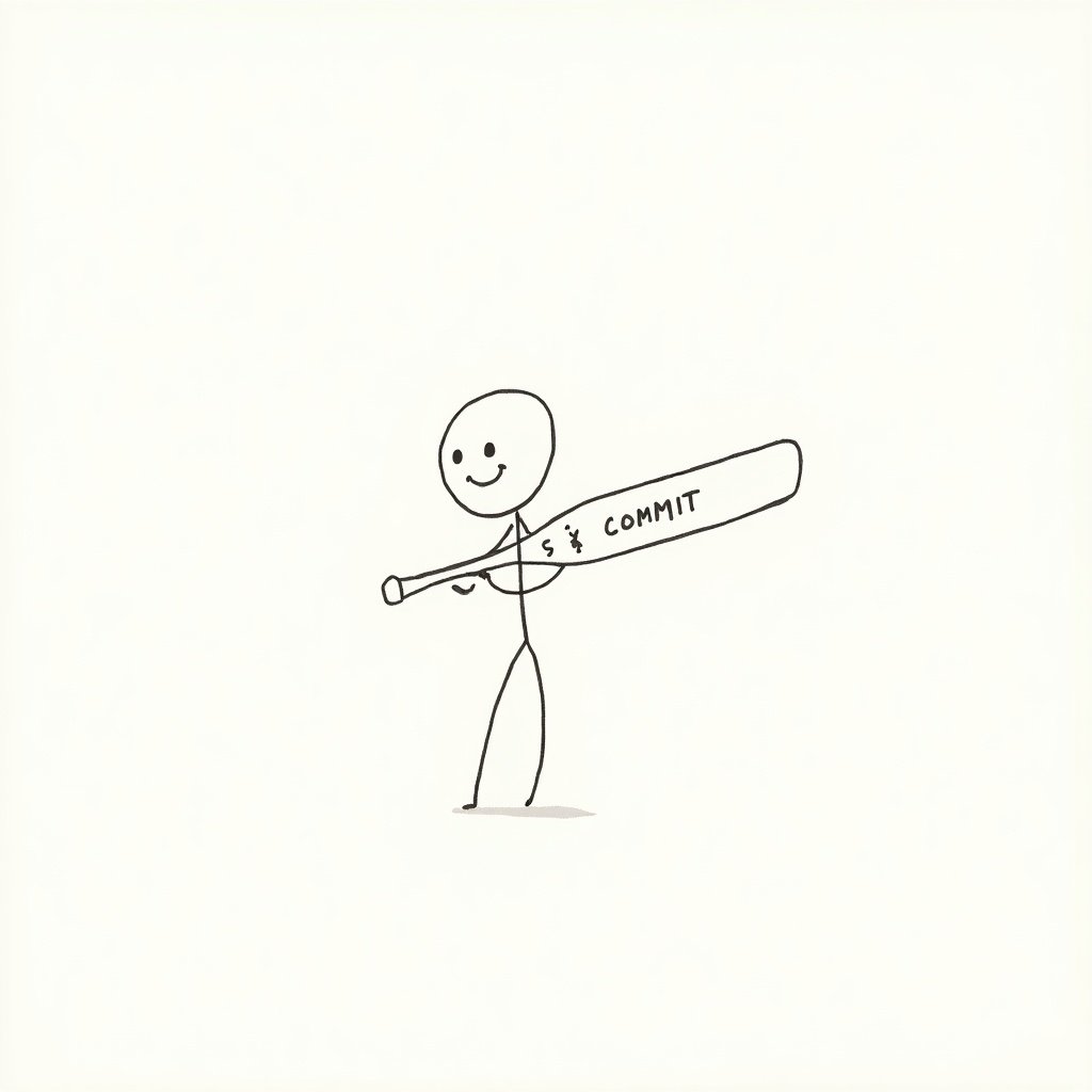 This image features a simple doodle of a stick figure with a round head. The figure is smiling and is holding a baseball bat that is labeled 'COMMIT'. The stick figure's expression conveys positivity and determination. The overall design is minimalistic, using basic lines and shapes. The focus on the bat suggests themes related to commitment and motivation, making it ideal for inspiring messages and content.