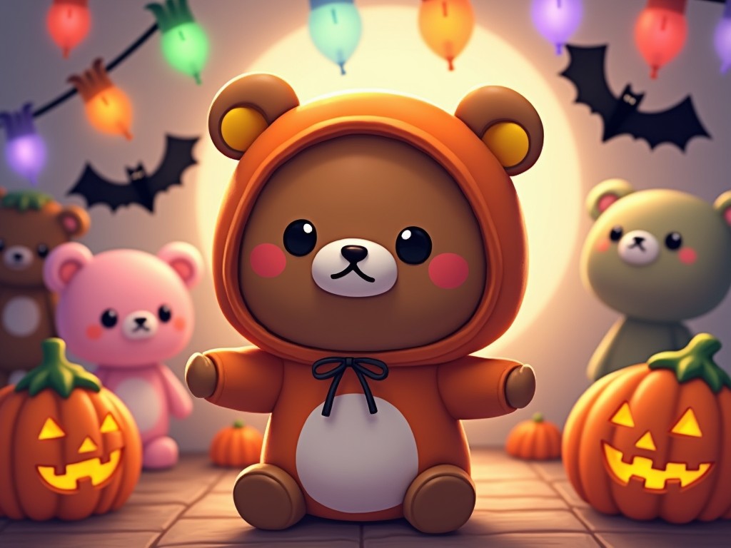 A cute teddy bear in an orange costume surrounded by jack-o'-lanterns and other teddy bears, with a Halloween theme and colorful lights in a cartoon style.