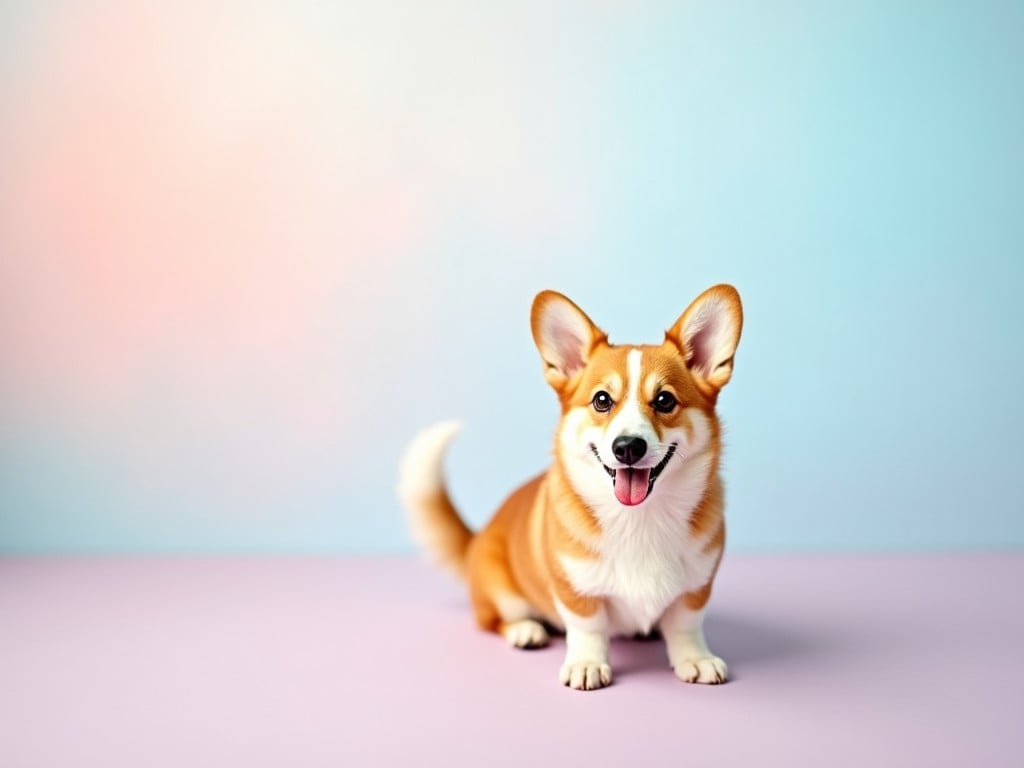 The image features a cheerful corgi posed against a pastel gradient background that transitions from soft pink to light blue. The corgi has a big smile, showcasing its playful nature. Its ears are perked up, and its fur is bright and fluffy, adding to its charm. The background creates a soft, dreamy effect. The overall scene is light and inviting, perfect for conveying happiness and warmth.