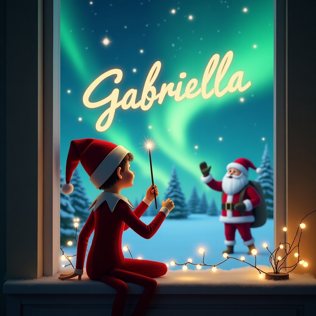 The image showcases a delightful scene designed for Christmas. An elf sits on a windowsill, facing the sky, with his back to the viewer and using a wand to write 'Gabriella' in the air. The background features a stunning display of the northern lights, illuminating a winter landscape filled with snow-covered trees. In the distance, Santa Claus waves cheerfully, adding to the festive atmosphere. Soft, warm lighting surrounds the elf, enhancing the magical feel of the scene. This image captures the enchanting spirit of the holiday season, perfect for young audiences.