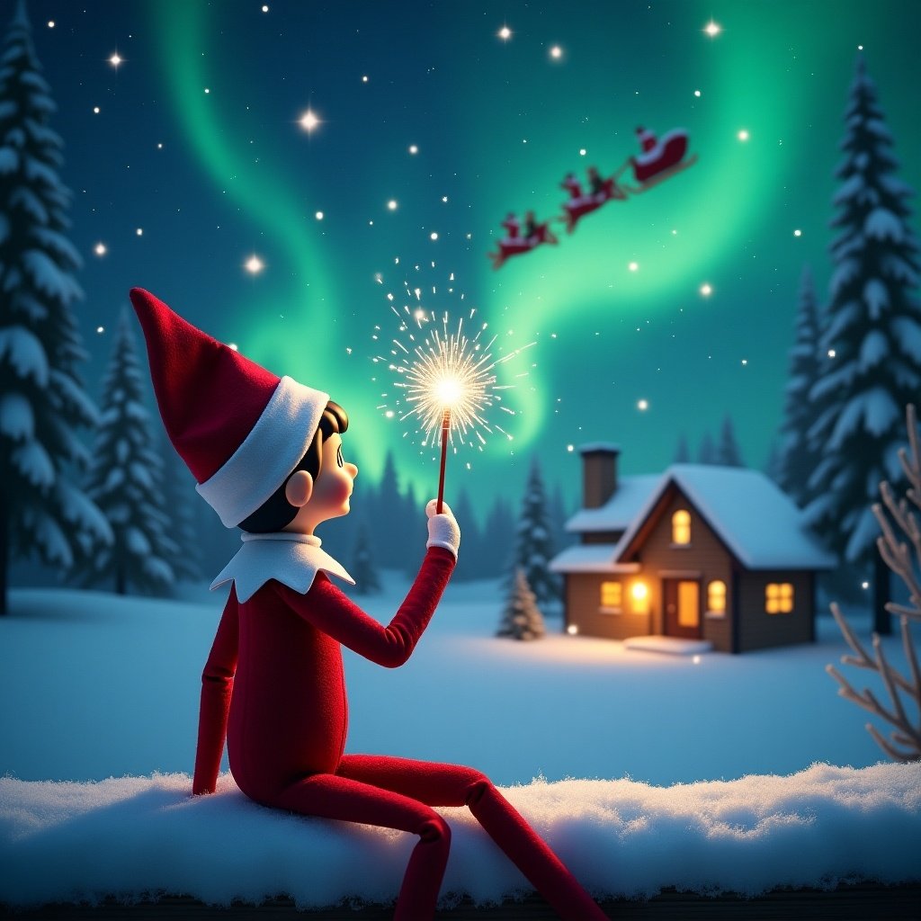 This enchanting image showcases a whimsical elf on the shelf, perched on a snowy ledge while gazing up into a stunning night sky. The sky is adorned with glimmering stars and mesmerizing northern lights. The elf holds a magic wand, casting sparkling light into the air as he writes names, adding to the magical ambiance. In the background, a warm and inviting cabin glows softly, enhancing the holiday spirit. Santa and his sleigh journey across the sky, completing this festive winter scene that captures the joy of Christmas.