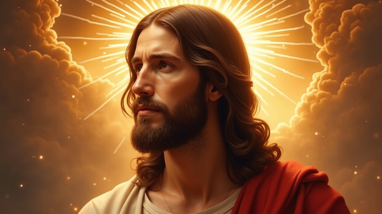 This digital artwork features a serene figure bathed in a golden glow reminiscent of a halo, symbolizing divine presence. The background is dramatic, filled with swirling clouds and radiant beams of light extending outwards, emphasizing the spiritual tone. The use of warm colors and soft shadows adds depth and an ethereal quality to the image.